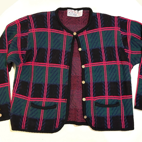 Vintage Tally-Ho Pollak Import Plaid Cardigan w/ 90s Teacher Vibes - Picture 1 of 6